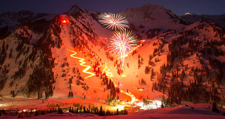 Torchlight showing the legendary High Rustler ski run. Photo: Noah Wetzel, Alta Ski Resort