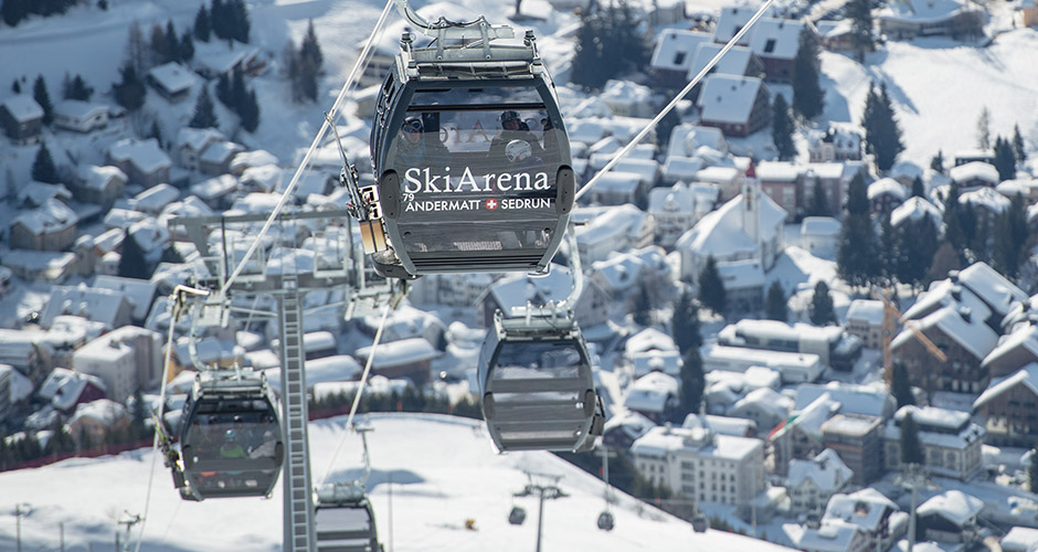 The Gutsch Express with Andermatt village in the background. Photo: Andermatt Tourism: Valentin Luthiger