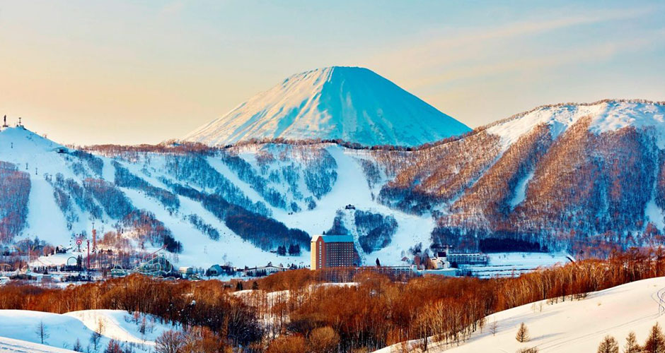Rusutsu West mountain with Mt Yotei behind. Photo: Rusutsu Ski Resort