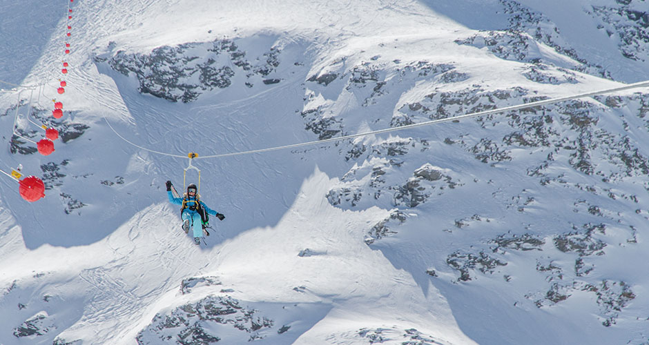 The Tyrolienne Zip Line that connects two sides of the valley. Photo: Val Thorens